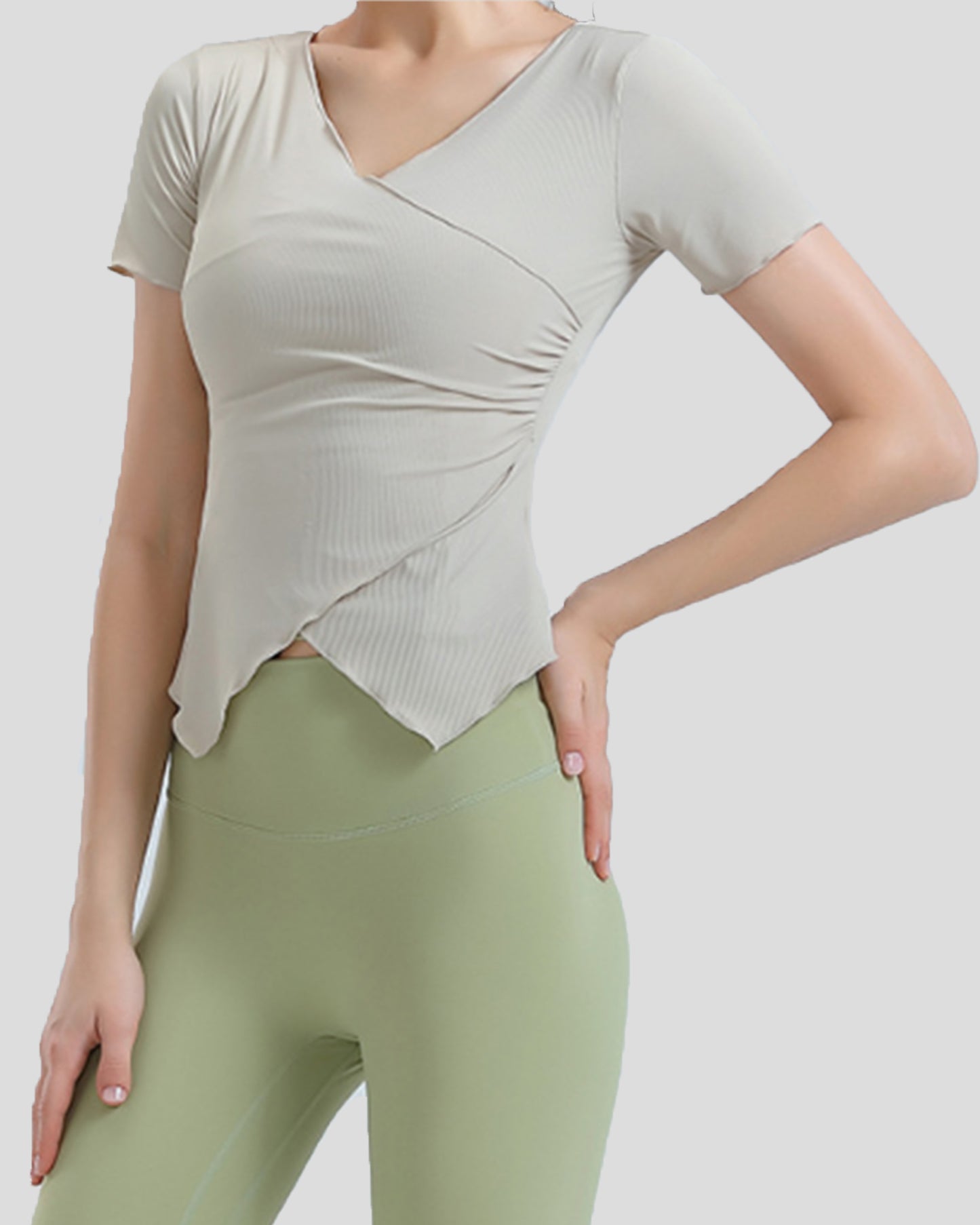 Polygon V Neck Nylon Short Sleeve Top